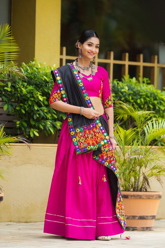 Rani Pink Cotton Navratri Chaniya Choli with Black Dupatta & Gamthi Mirror Work
