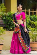 Rani Pink Cotton Navratri Chaniya Choli with Black Dupatta & Gamthi Mirror Work