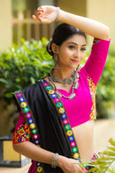 Rani Pink Cotton Navratri Chaniya Choli with Black Dupatta & Gamthi Mirror Work