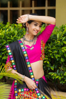 Rani Pink Cotton Navratri Chaniya Choli with Black Dupatta & Gamthi Mirror Work