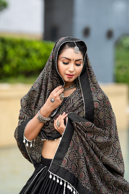 Black Ajrakh Print Chaniya Choli with Dupatta – Traditional Navratri & Garba Wear