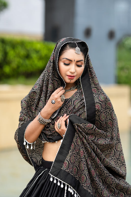Black Ajrakh Print Chaniya Choli with Dupatta – Traditional Navratri & Garba Wear