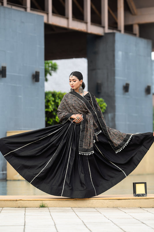 Black Ajrakh Print Chaniya Choli with Dupatta – Traditional Navratri & Garba Wear