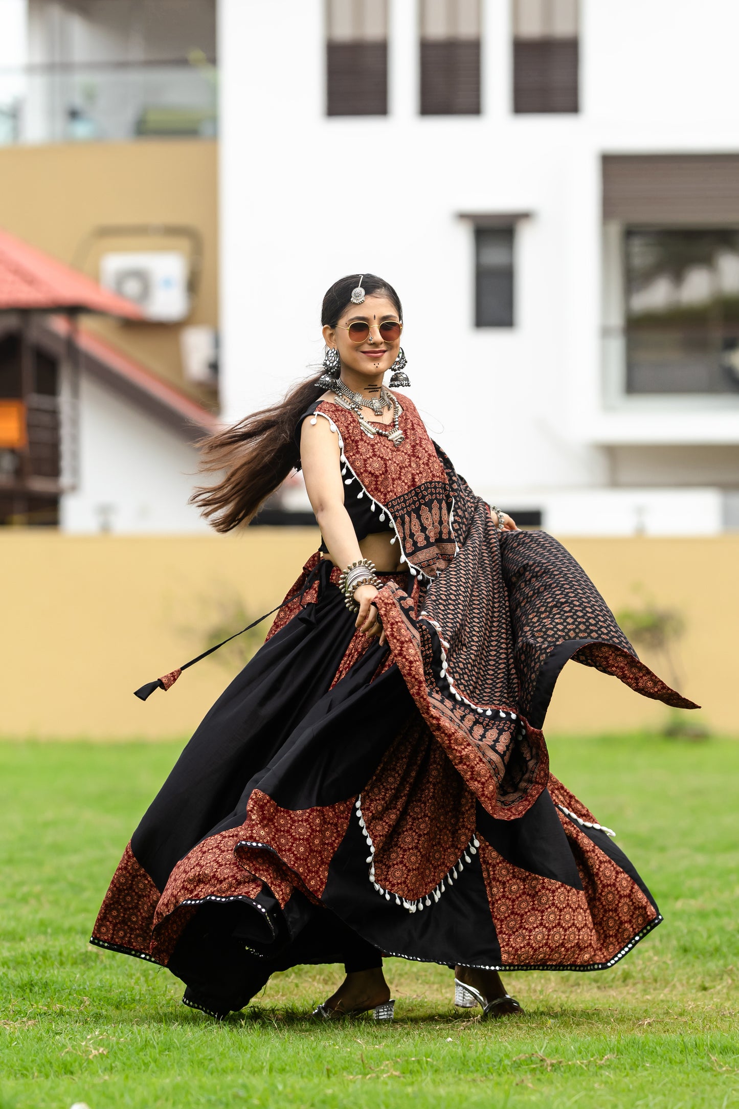 Traditional Ajrakh Print Navratri Lehenga Choli with Dupatta – Brown & Black