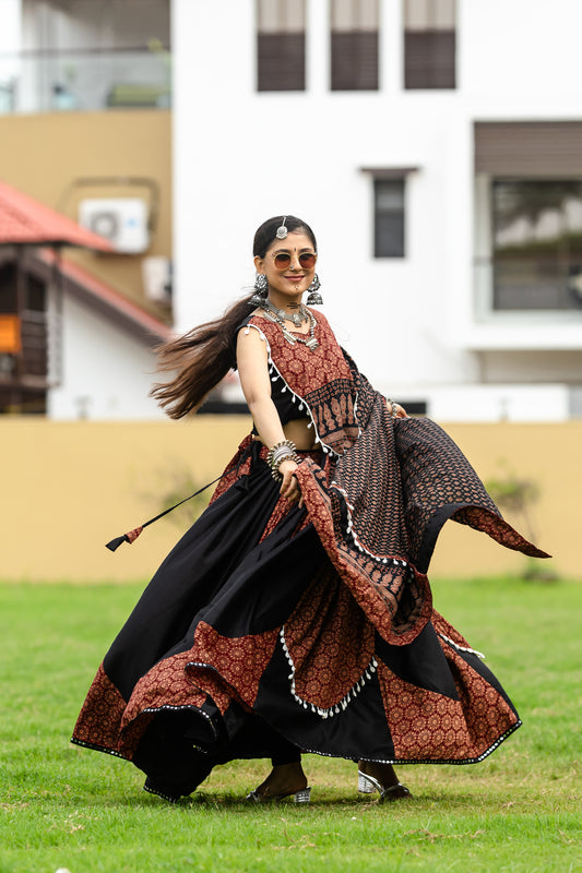 Traditional Ajrakh Print Navratri Lehenga Choli with Dupatta – Brown & Black