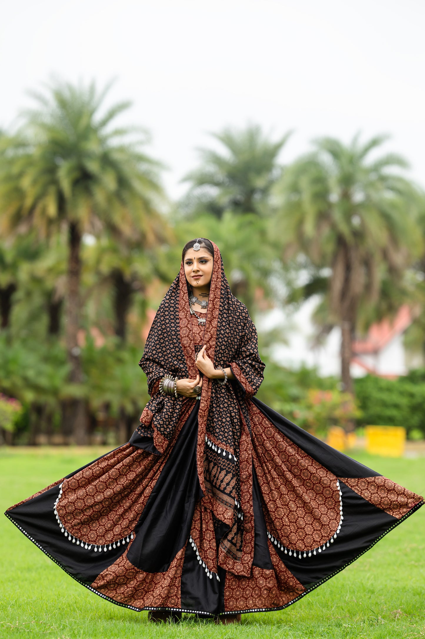 Traditional Ajrakh Print Navratri Lehenga Choli with Dupatta – Brown & Black