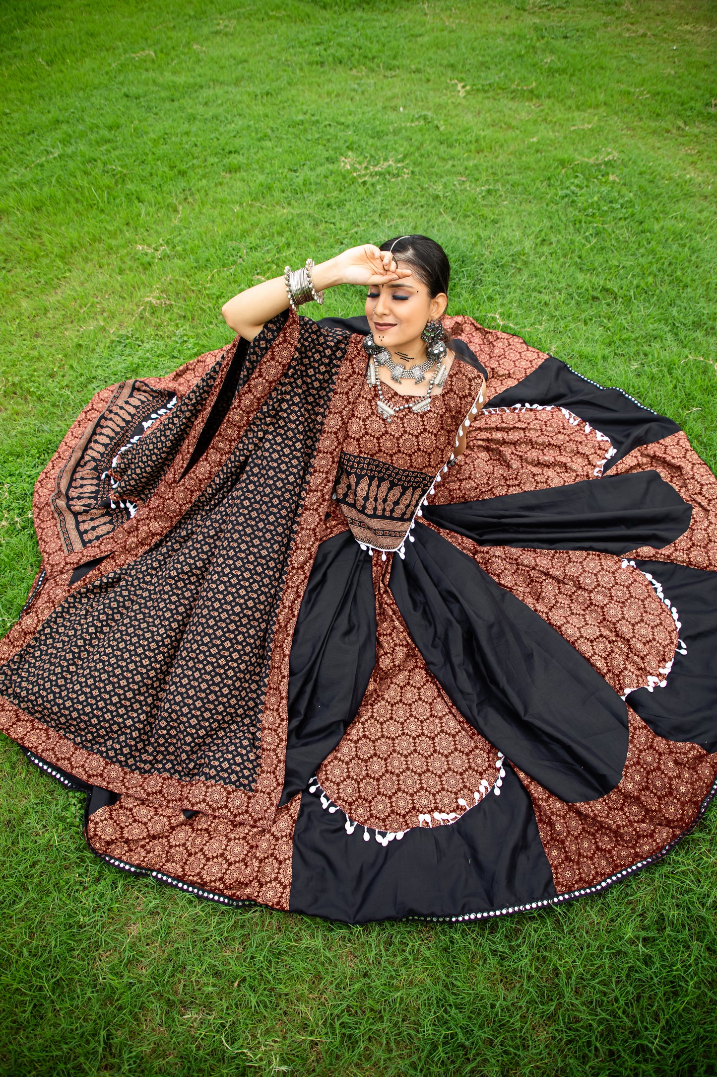 Traditional Ajrakh Print Navratri Lehenga Choli with Dupatta – Brown & Black