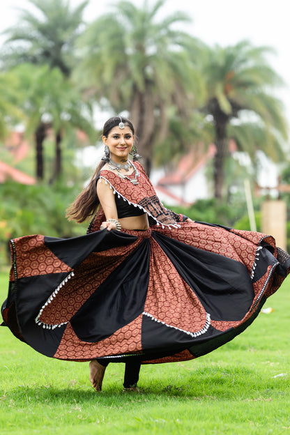 Traditional Ajrakh Print Navratri Lehenga Choli with Dupatta – Brown & Black