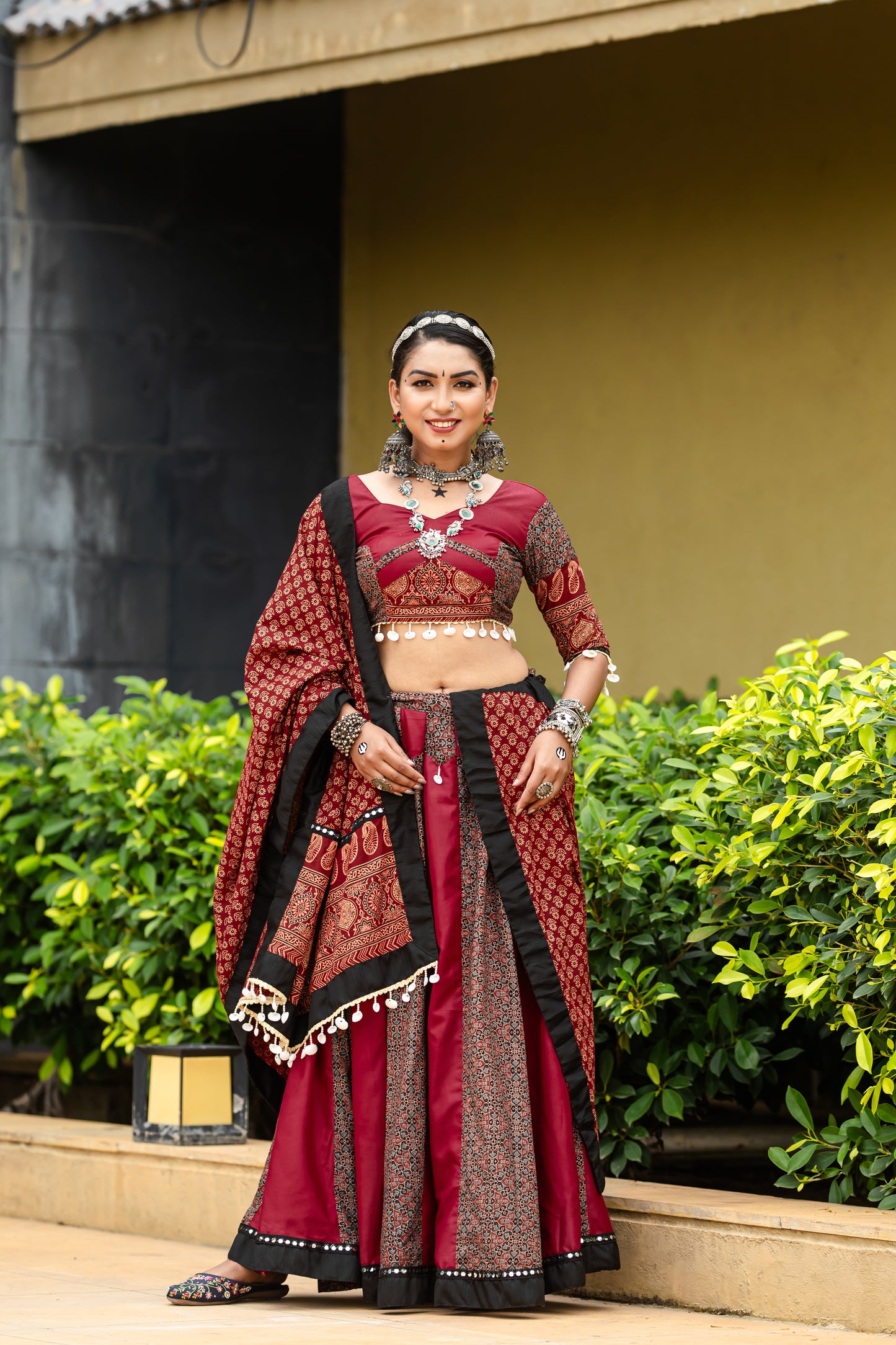 Maroon & Black Ajrakh Print Navratri Chaniya Choli with Traditional Dupatta