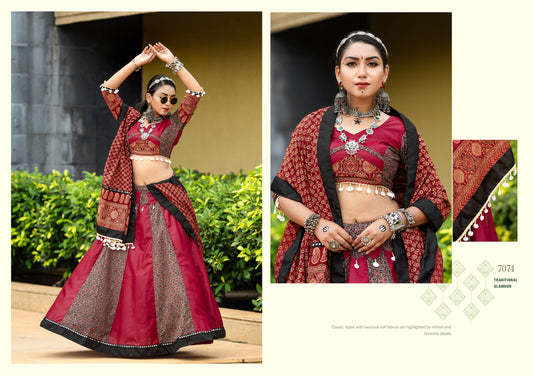 Rajwadi Maroon & Black Printed Cotton Navratri Lehenga Choli with Dupatta