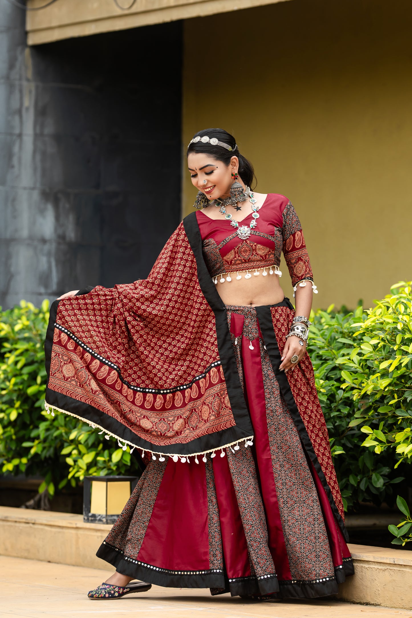 Maroon & Black Ajrakh Print Navratri Chaniya Choli with Traditional Dupatta
