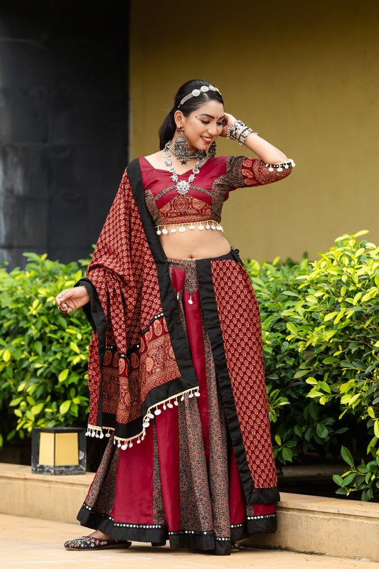 Maroon & Black Ajrakh Print Navratri Chaniya Choli with Traditional Dupatta