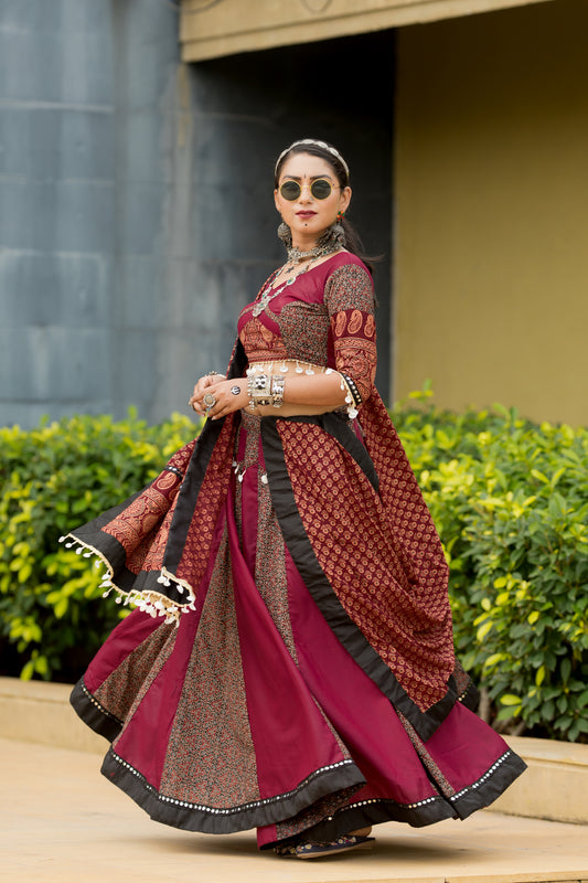 Rajwadi Maroon & Black Printed Cotton Navratri Lehenga Choli with Dupatta