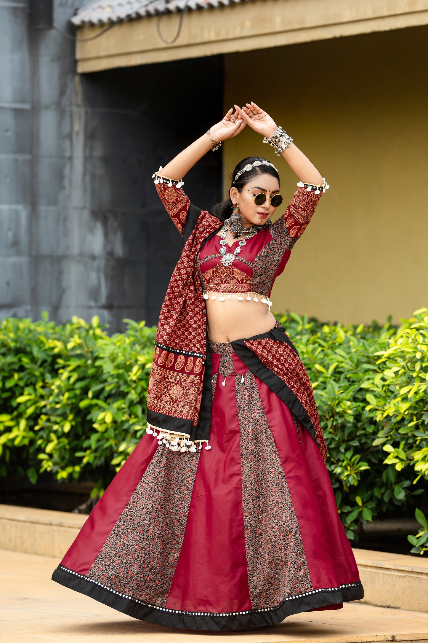Maroon & Black Ajrakh Print Navratri Chaniya Choli with Traditional Dupatta