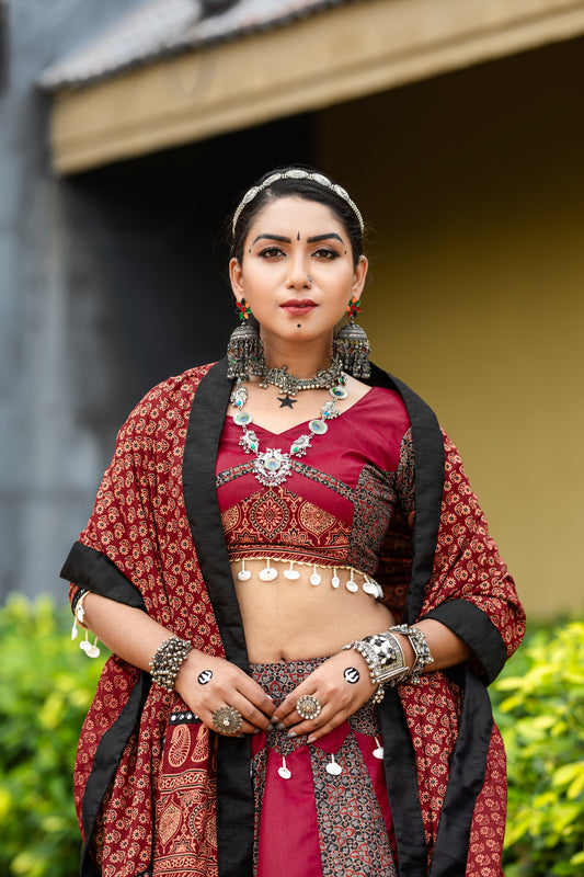 Maroon & Black Ajrakh Print Navratri Chaniya Choli with Traditional Dupatta