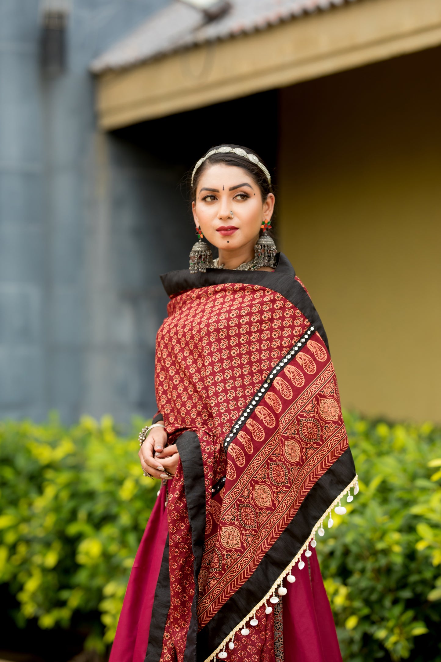 Rajwadi Maroon & Black Printed Cotton Navratri Lehenga Choli with Dupatta