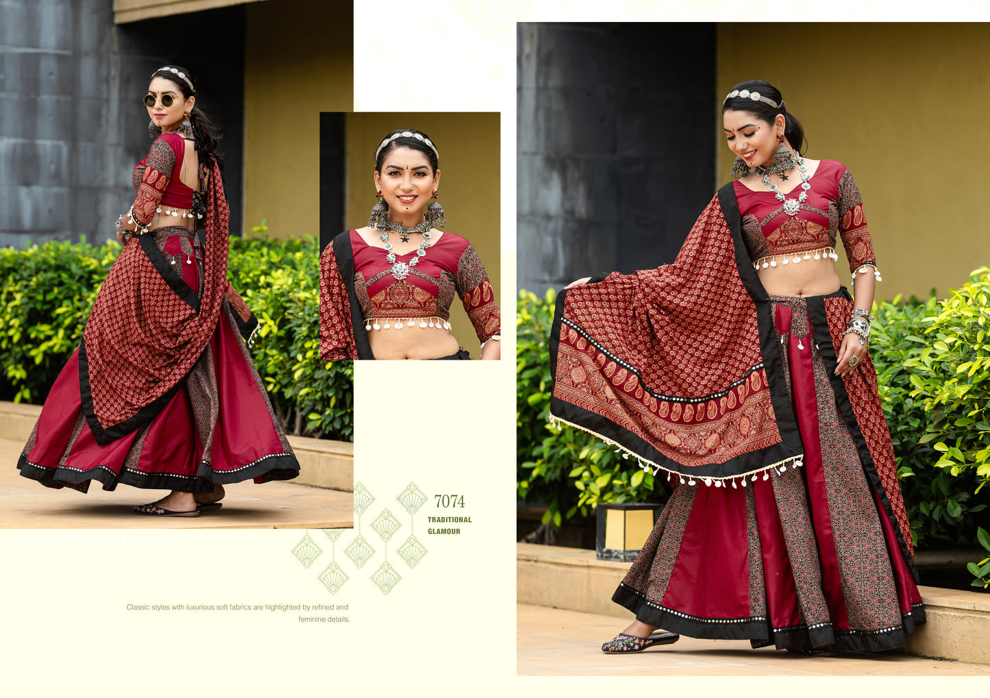 Rajwadi Maroon & Black Printed Cotton Navratri Lehenga Choli with Dupatta