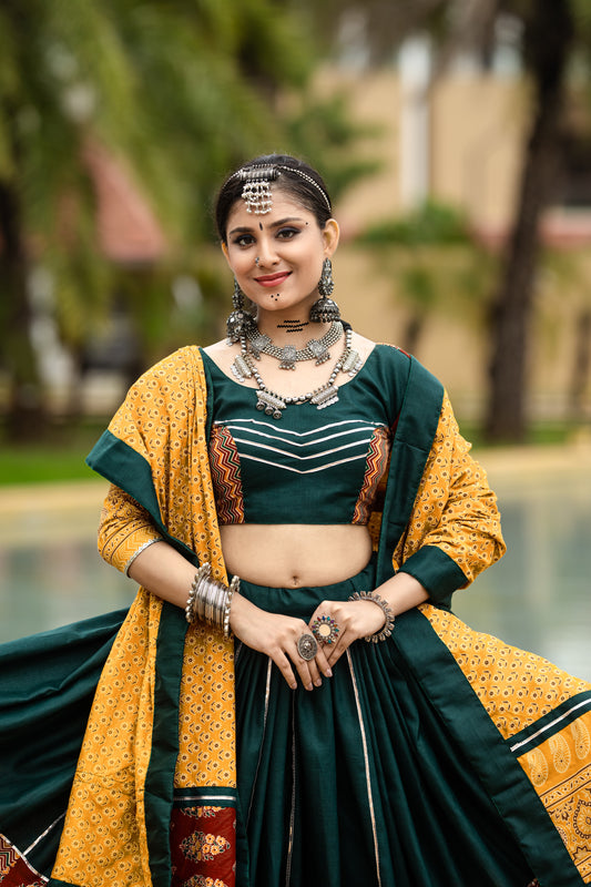 Elegant Green & Mustard Navratri Chaniya Choli with Bandhani Dupatta – Festival Special