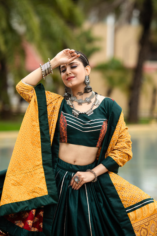 Rajwadi Green & Mustard Pure Cotton Navratri Chaniya Choli