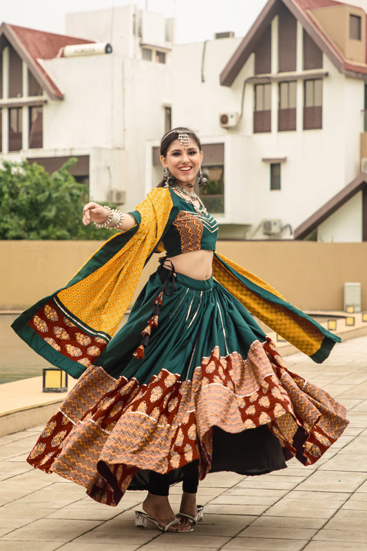 Rajwadi Green & Mustard Pure Cotton Navratri Chaniya Choli