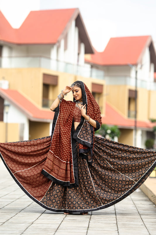 Rust Brown & Black Ajrakh Print Navratri Chaniya Choli – Traditional Ethnic Festival Wear