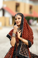 Rust Brown & Black Ajrakh Print Navratri Chaniya Choli – Traditional Ethnic Festival Wear