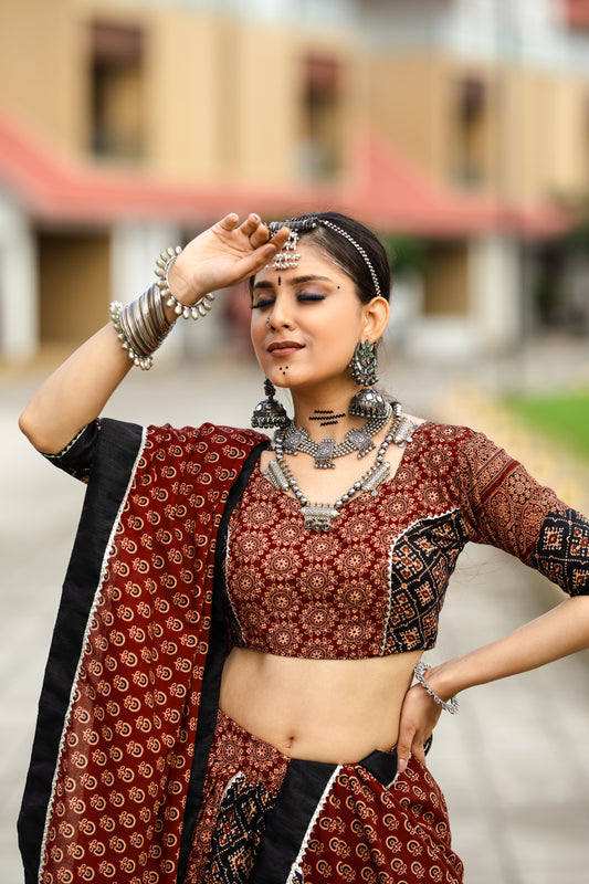 Rust Brown & Black Ajrakh Print Navratri Chaniya Choli – Traditional Ethnic Festival Wear