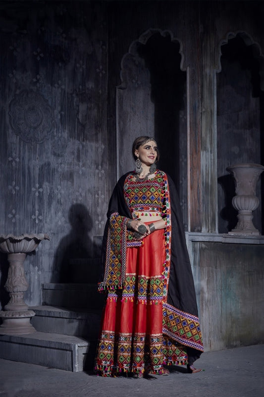 Designer Red & Black Navratri Lehenga Choli with Multicolor Gamthi Mirror Work
