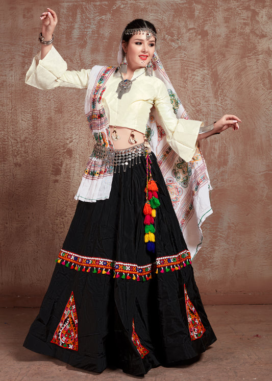 White & Black Kutchi Embroidered Navratri Chaniya Choli with Tassel Work Dupatta – Festival Garba Outfit