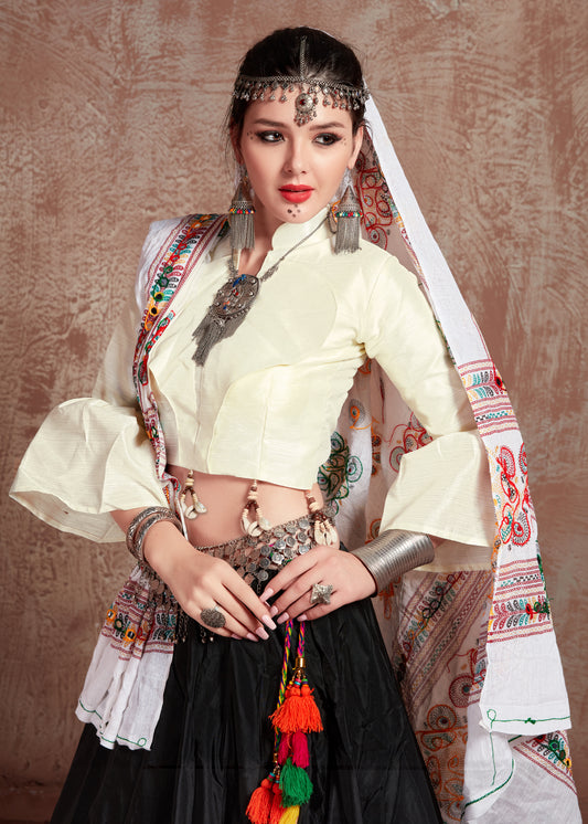 White & Black Kutchi Embroidered Navratri Chaniya Choli with Tassel Work Dupatta – Festival Garba Outfit