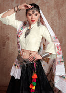 White & Black Kutchi Embroidered Navratri Chaniya Choli with Tassel Work Dupatta – Festival Garba Outfit