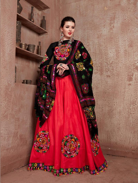 Red & Black Gamthi Embroidered Navratri Lehenga Choli with Dupatta