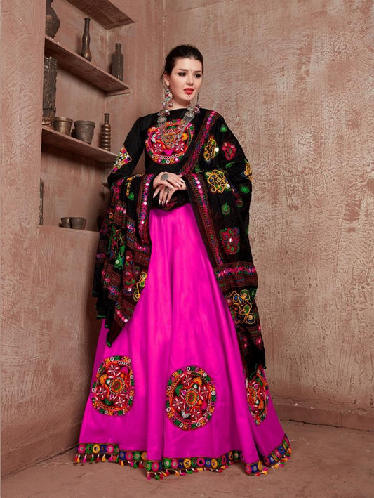 Pink & Black Gamthi Embroidered Navratri Lehenga Choli with Dupatta