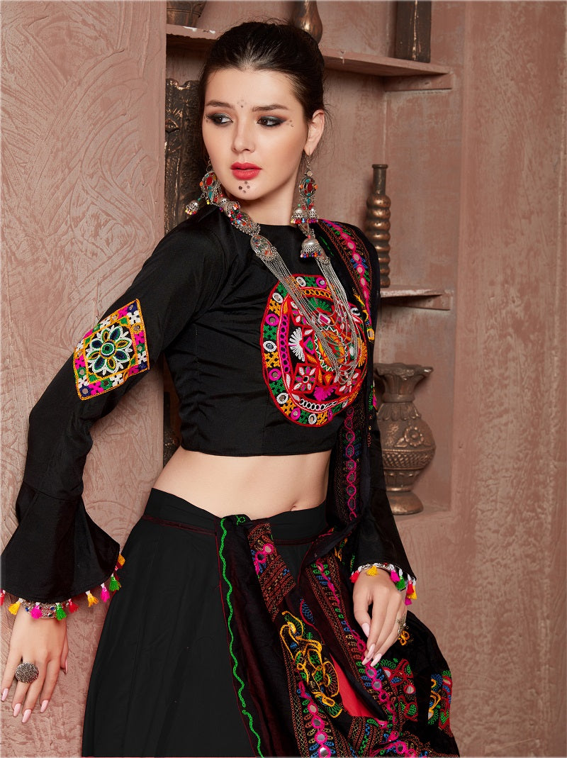 Black Gamthi Embroidered Navratri Lehenga Choli with Dupatta
