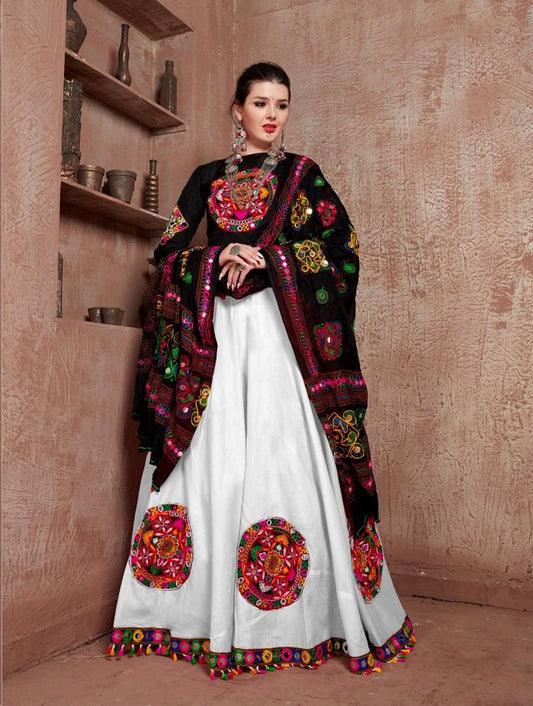 White & Black Gamthi Embroidered Navratri Lehenga Choli with Dupatta