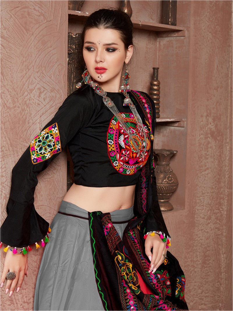 Traditional Gamthi Work Embroidered Black & Grey Navratri Lehenga Choli with Dupatta