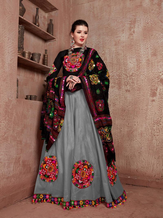 Traditional Gamthi Work Embroidered Black & Grey Navratri Lehenga Choli with Dupatta