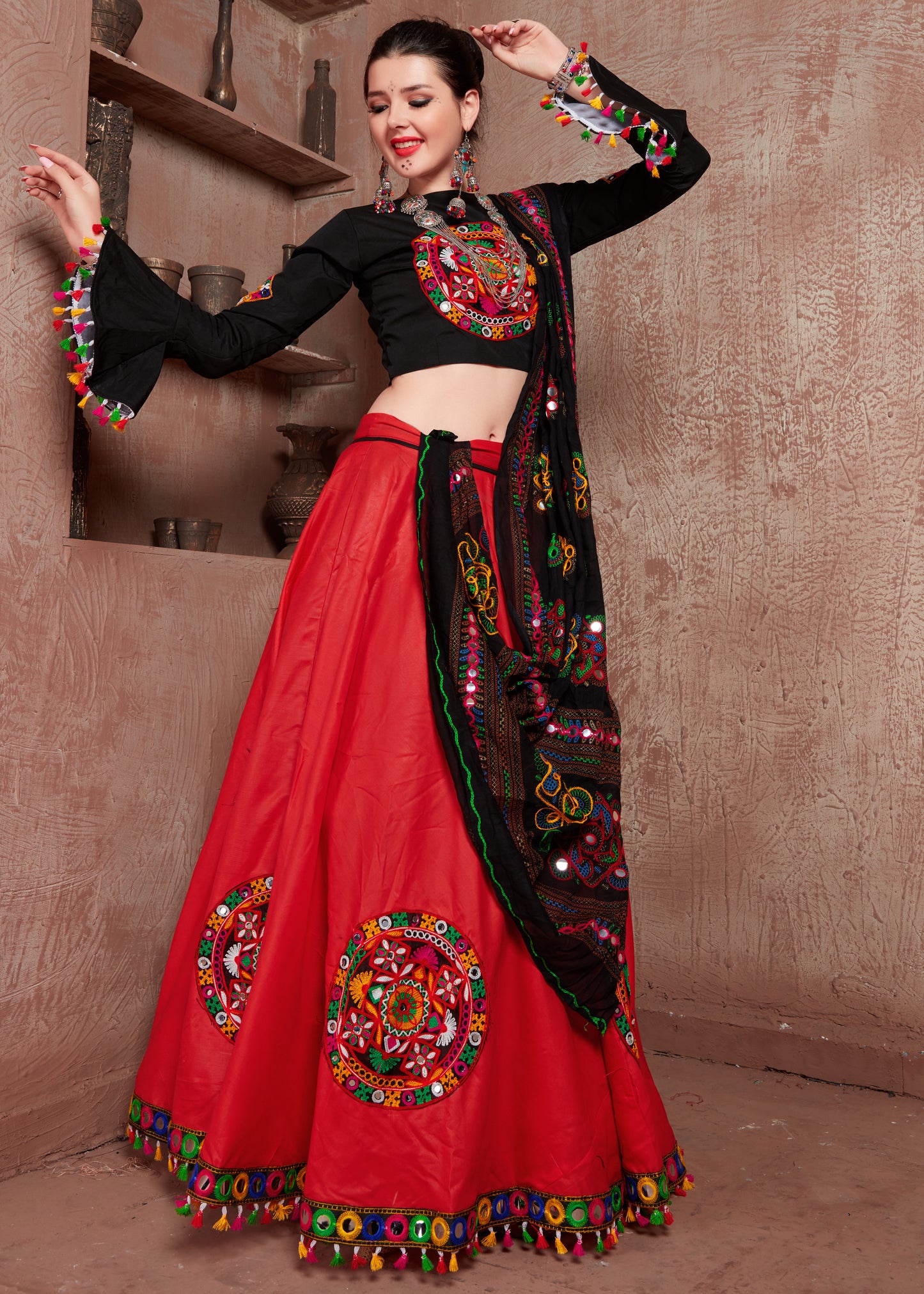 Black & Red Kutchi Embroidery Navratri Chaniya Choli – Traditional Mirror Work Lehenga Choli with Dupatta
