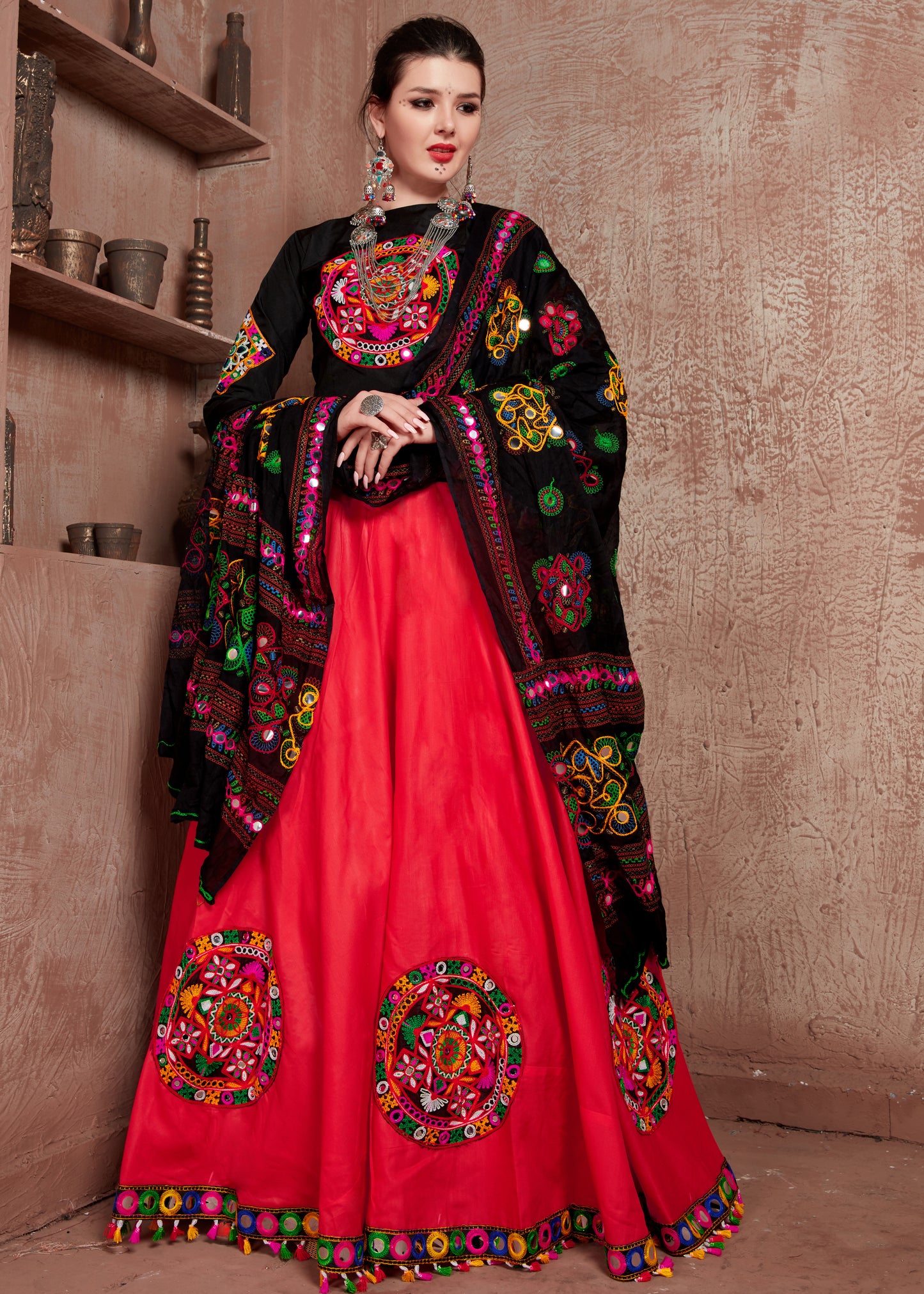 Black & Red Kutchi Embroidery Navratri Chaniya Choli – Traditional Mirror Work Lehenga Choli with Dupatta