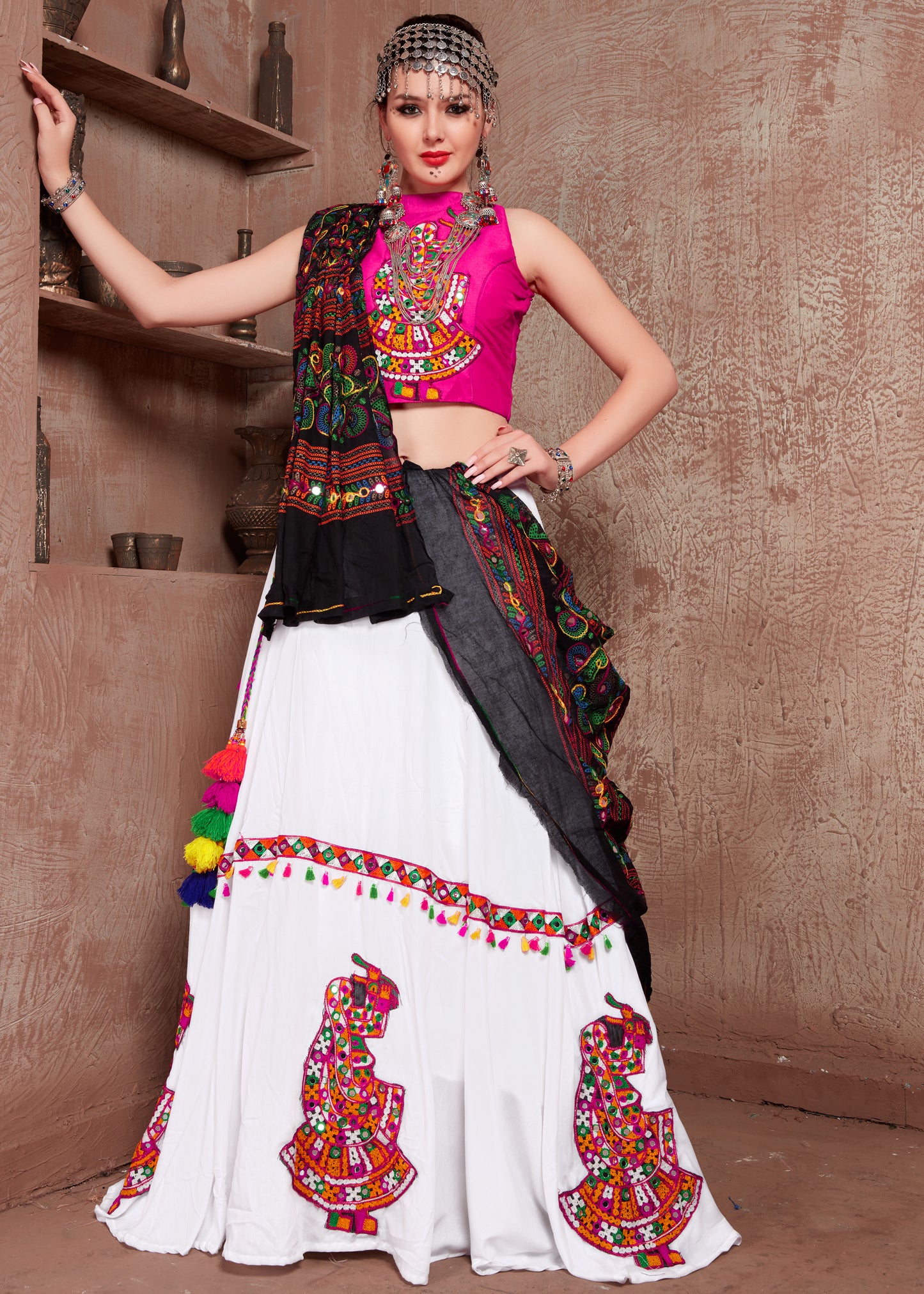 Navratri Special Pink & White Chaniya Choli with Black Embroidered Dupatta – Garba & Festival Wear