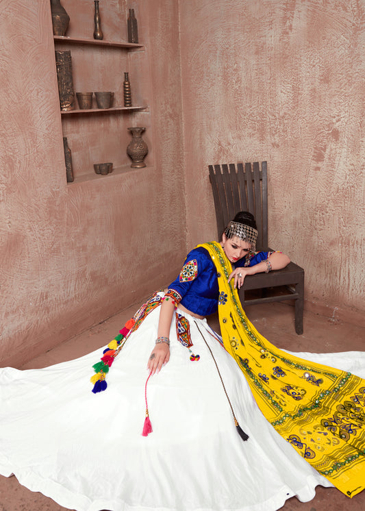 White Lehenga with Blue Blouse & Yellow Gamthi Work Dupatta – Navratri Chaniya Choli