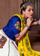 White Lehenga with Blue Blouse & Yellow Gamthi Work Dupatta – Navratri Chaniya Choli