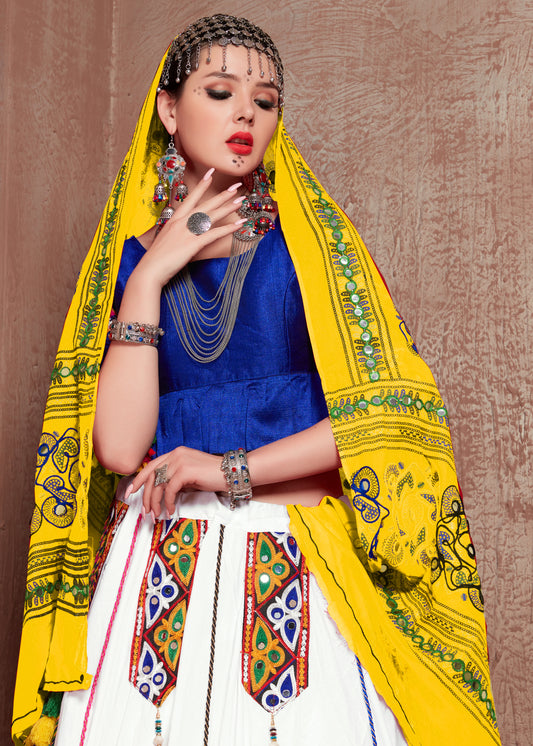 White Lehenga with Blue Blouse & Yellow Gamthi Work Dupatta – Navratri Chaniya Choli