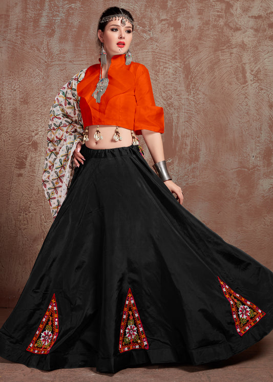 Black Lehenga with Orange Blouse & White Gamthi Work Dupatta – Traditional Navratri Chaniya Choli