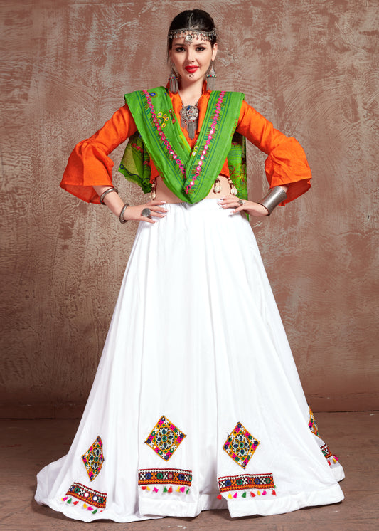 White Lehenga with Orange Blouse & Green Gamthi Work Dupatta – Traditional Navratri Chaniya Choli