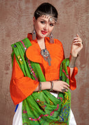 White Lehenga with Orange Blouse & Green Gamthi Work Dupatta – Traditional Navratri Chaniya Choli