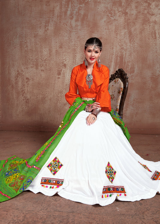 White Lehenga with Orange Blouse & Green Gamthi Work Dupatta – Traditional Navratri Chaniya Choli