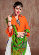 White Lehenga with Orange Blouse & Green Gamthi Work Dupatta – Traditional Navratri Chaniya Choli
