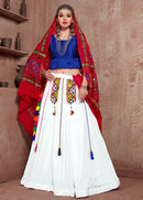 White Embroidered Lehenga with Blue Blouse & Red Gamthi Work Dupatta – Navratri & Festive Chaniya Choli