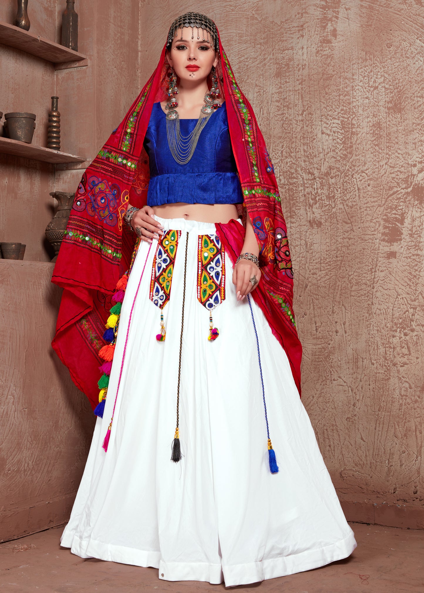 White Embroidered Lehenga with Blue Blouse & Red Gamthi Work Dupatta – Navratri & Festive Chaniya Choli